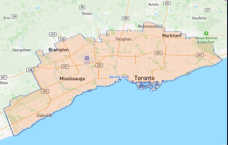 Map showing SQFT Contracting service area across the Greater Toronto Area